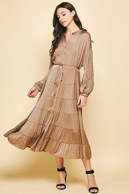 Esme Button Down Tiered Dress - Mocha-Apparel-Lemons and Limes Boutique