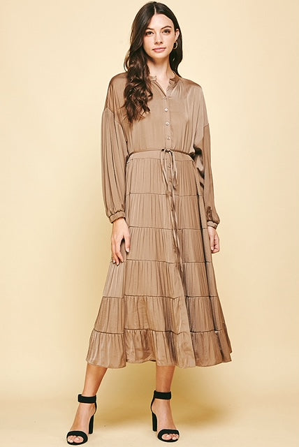 Esme Button Down Tiered Dress - Mocha-Apparel-Lemons and Limes Boutique