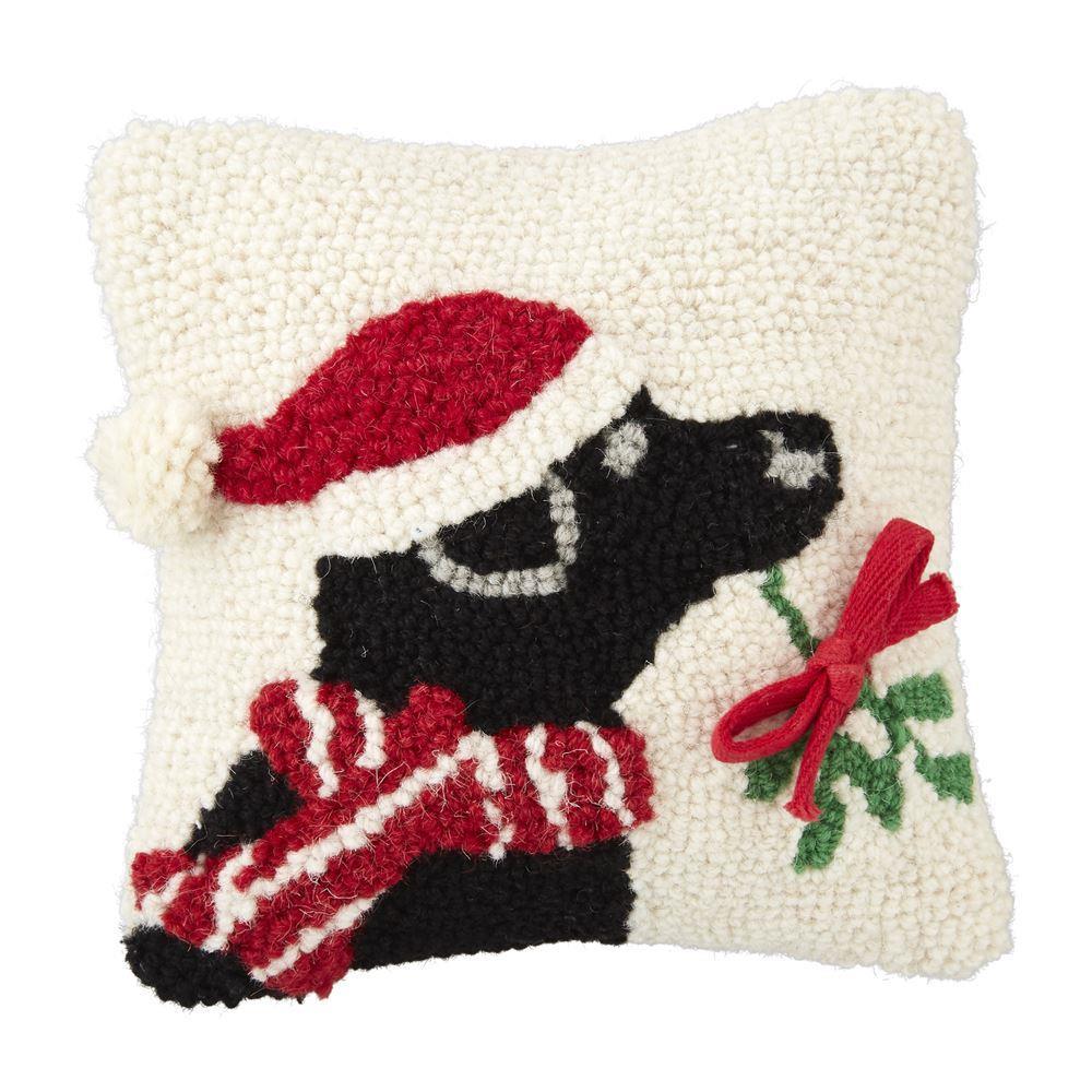 Black Lab Christmas Dog Hooked Pillow-Pillows & Wraps-Lemons and Limes Boutique