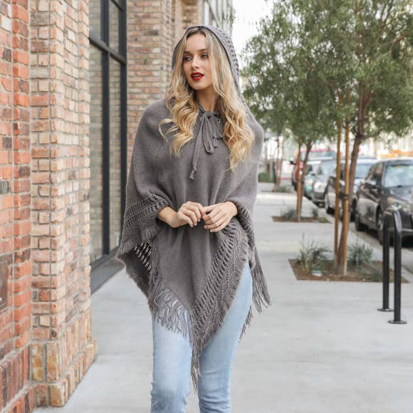 Lace Up Knit Poncho with Hood in Grey--Lemons and Limes Boutique