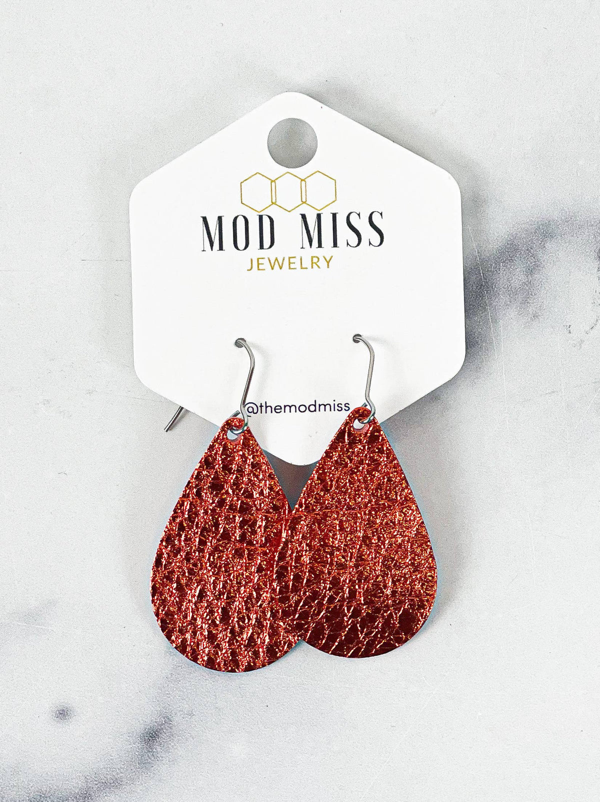 Leather Teardrop Earring 1" in Metallic Orange--Lemons and Limes Boutique