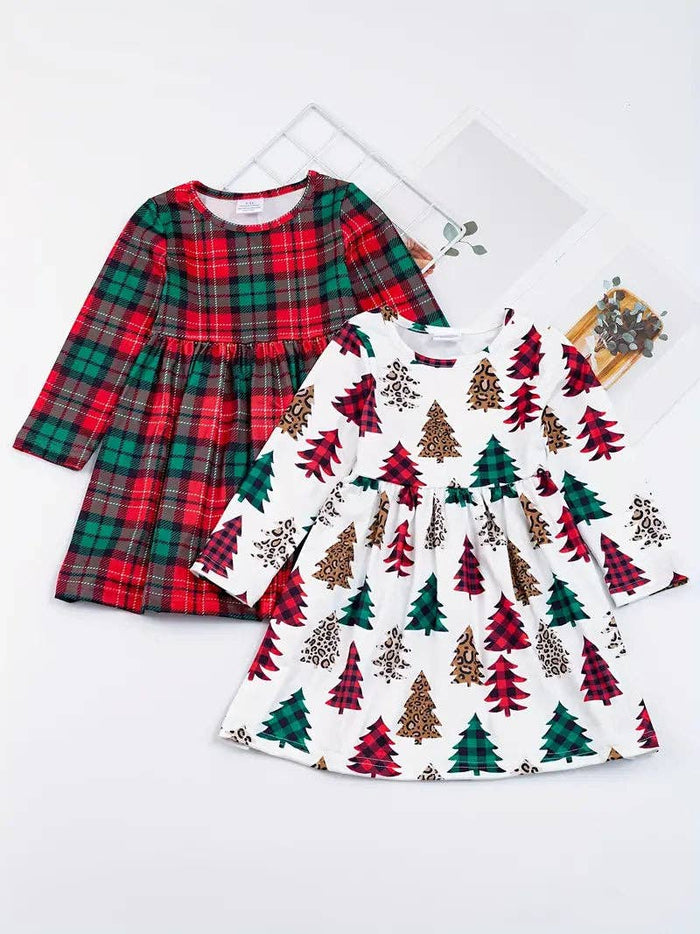 Holiday Twirly Dresses in Christmas Plaid or Leopard Trees--Lemons and Limes Boutique