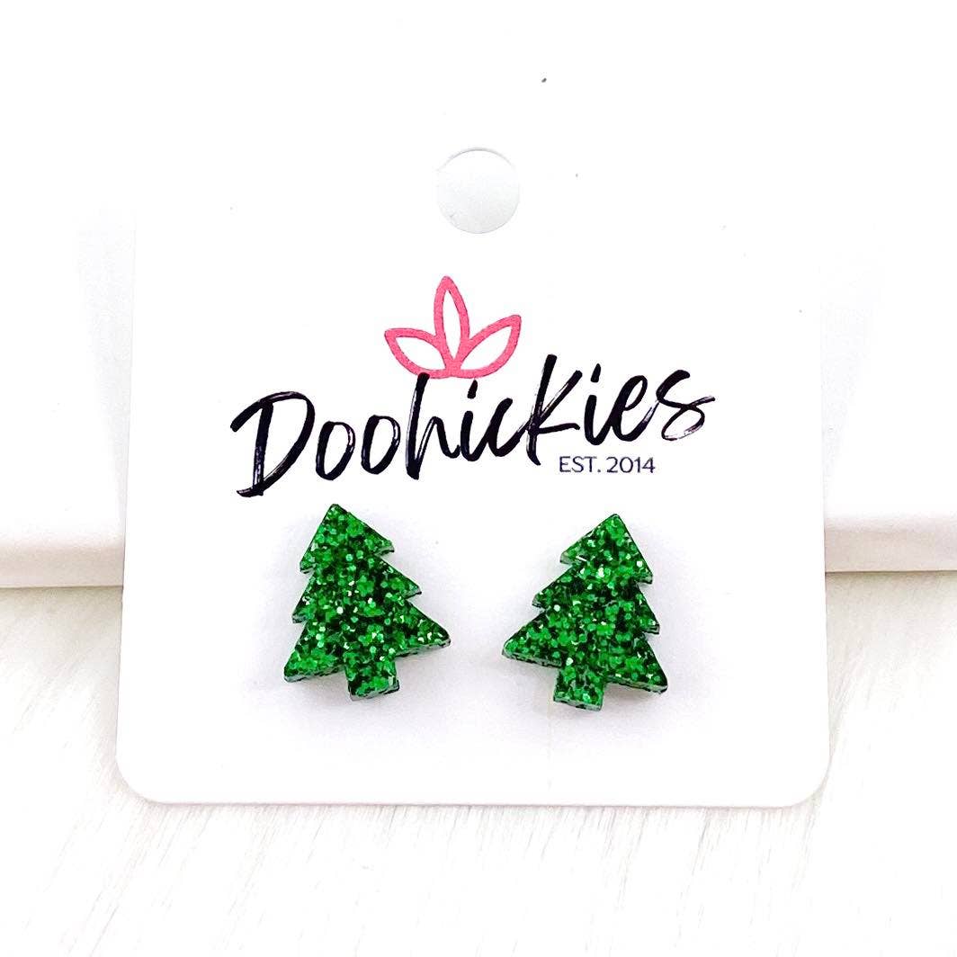 15mm Evergreen Glitter Christmas Tree Stud Earrings-Lemons and Limes Boutique