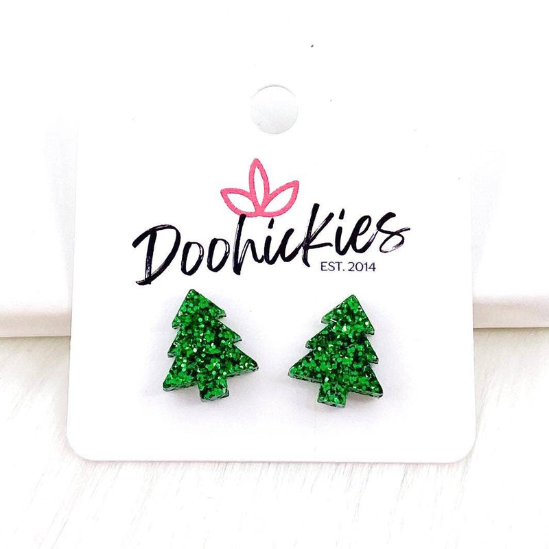15mm Evergreen Glitter Christmas Tree Stud Earrings-Lemons and Limes Boutique
