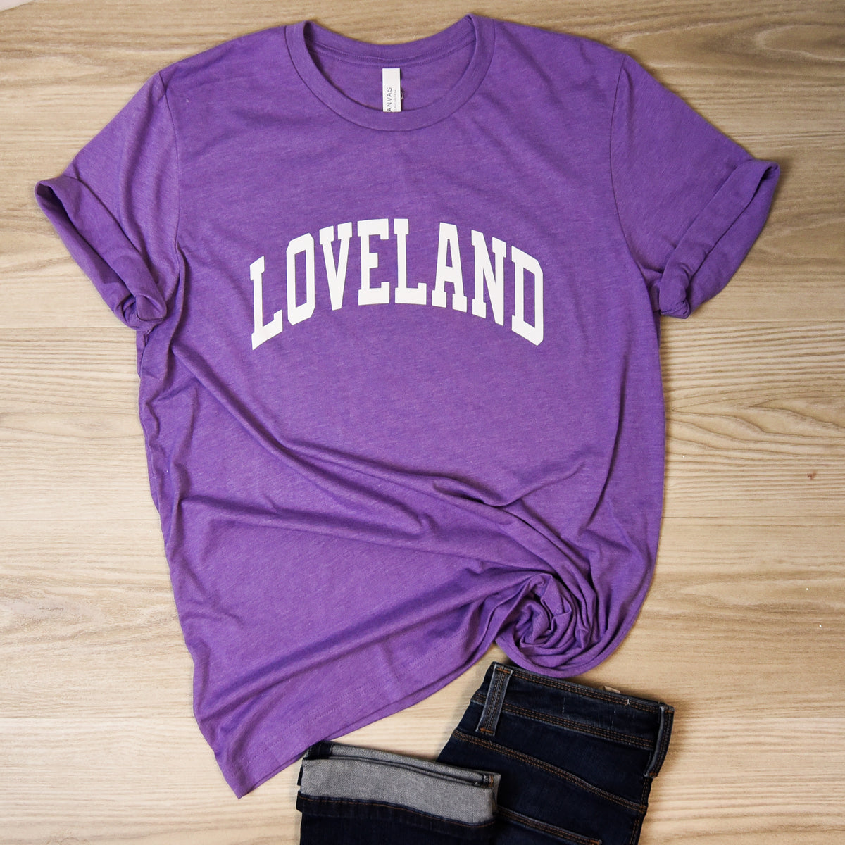 Loveland Curved Block Classic Tee on Purple-Lemons and Limes Boutique