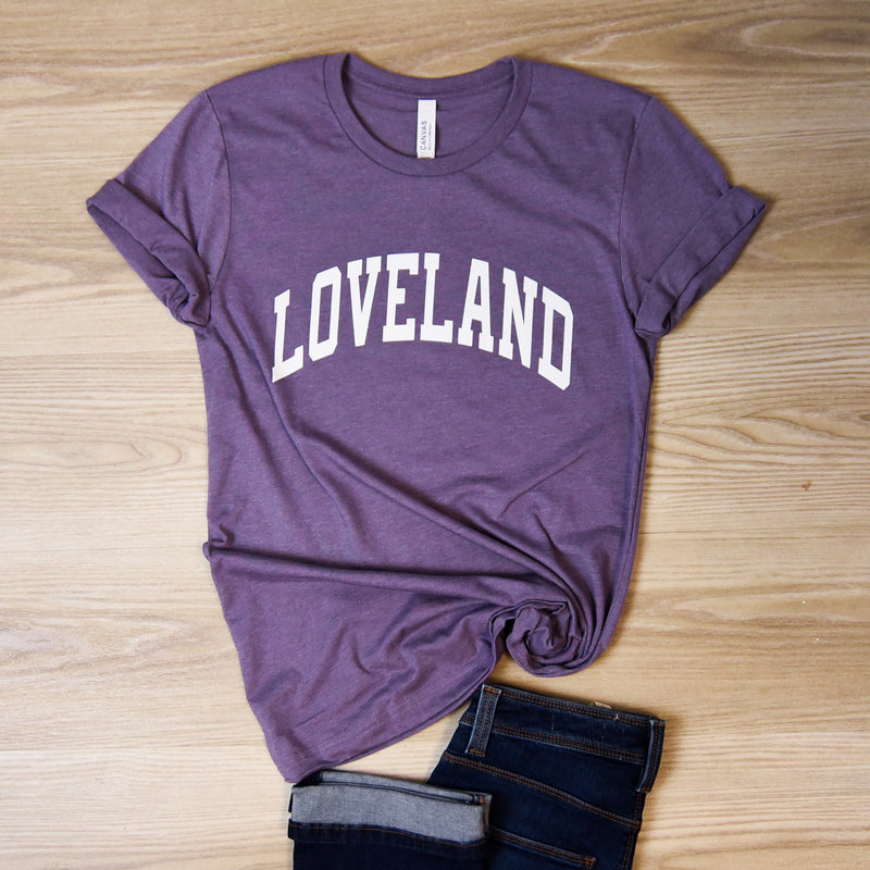 Loveland Curved Block Classic Tee on Heather Purple--Lemons and Limes Boutique