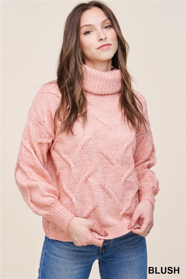 Slouchy L/S Cowl Neck Chunky Sweater-Blush-Lemons and Limes Boutique