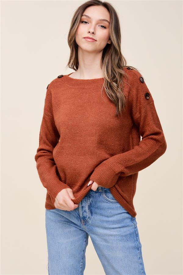 Betty Button Shoulder Sweater in Copper-Lemons and Limes Boutique