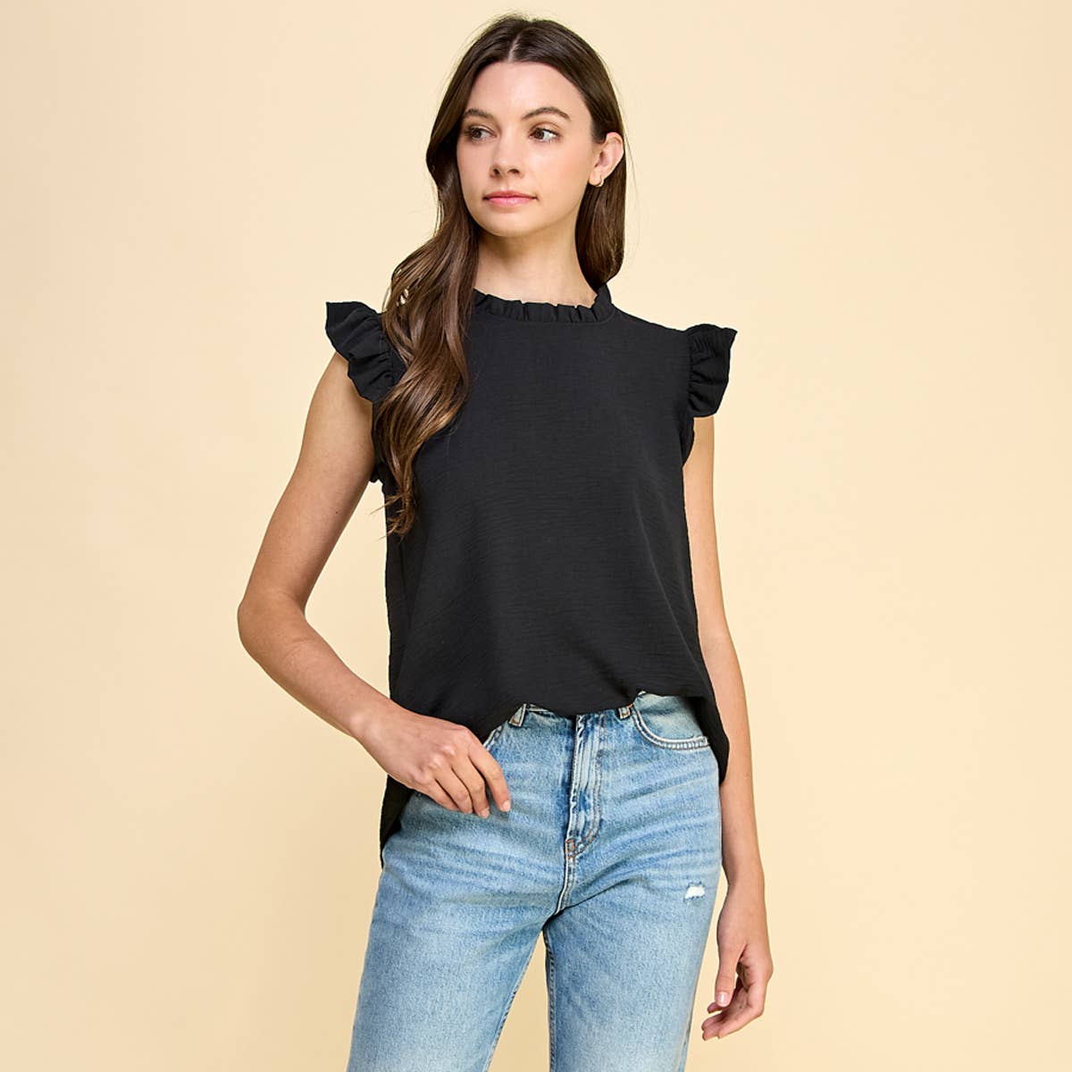 Solid Short Sleeve Top with Ruffled Neck and Sleeves in Black-Lemons and Limes Boutique