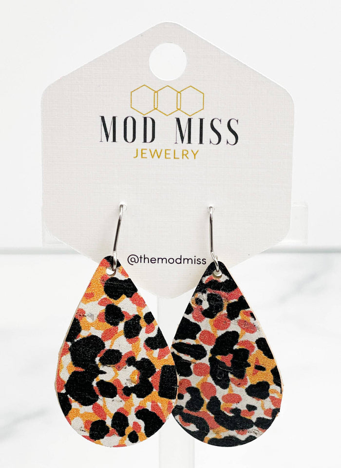 Cork and Leather Teardrop Earrings in Orange Leopard-Lemons and Limes Boutique
