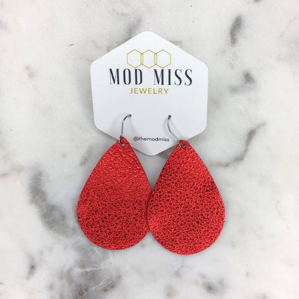 Leather Teardrop Earring "Metallic Red" 2"--Lemons and Limes Boutique