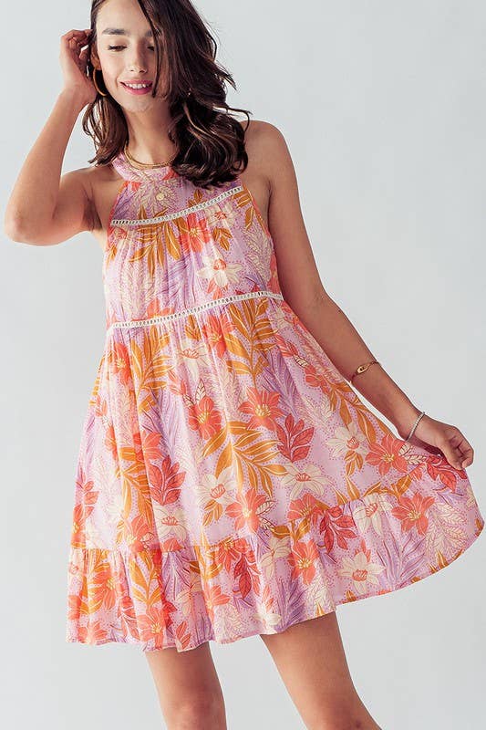 Maeve Sleeveless Round Neck Floral Print Dress in Pink Multi--Lemons and Limes Boutique