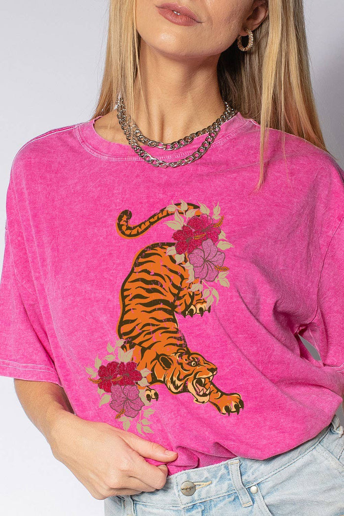 Women's Glitter Mineral Washed Tiger Short Sleeve Tee in Hot Pink--Lemons and Limes Boutique