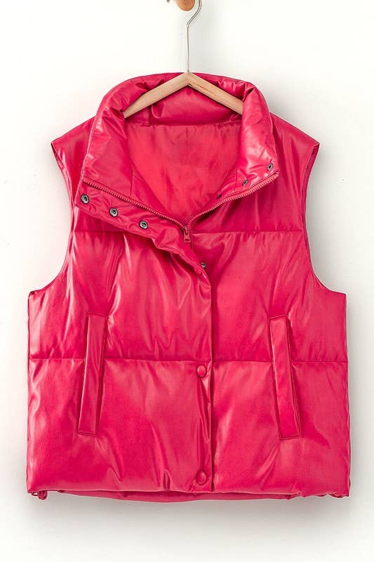 Stand Up Collar Relaxed Cropped Puffer Vest in Fuchsia--Lemons and Limes Boutique