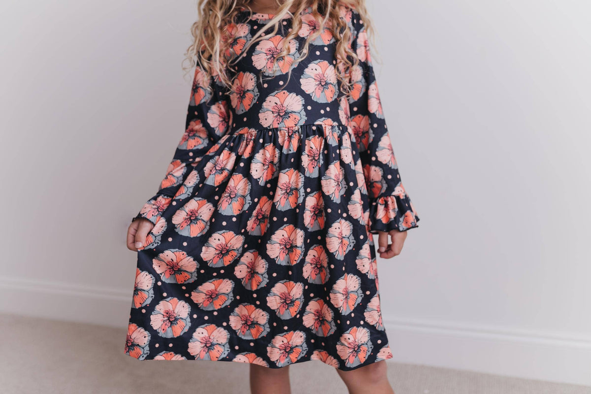 Kids Claire Black Flower Print Fall Twirl Dress--Lemons and Limes Boutique