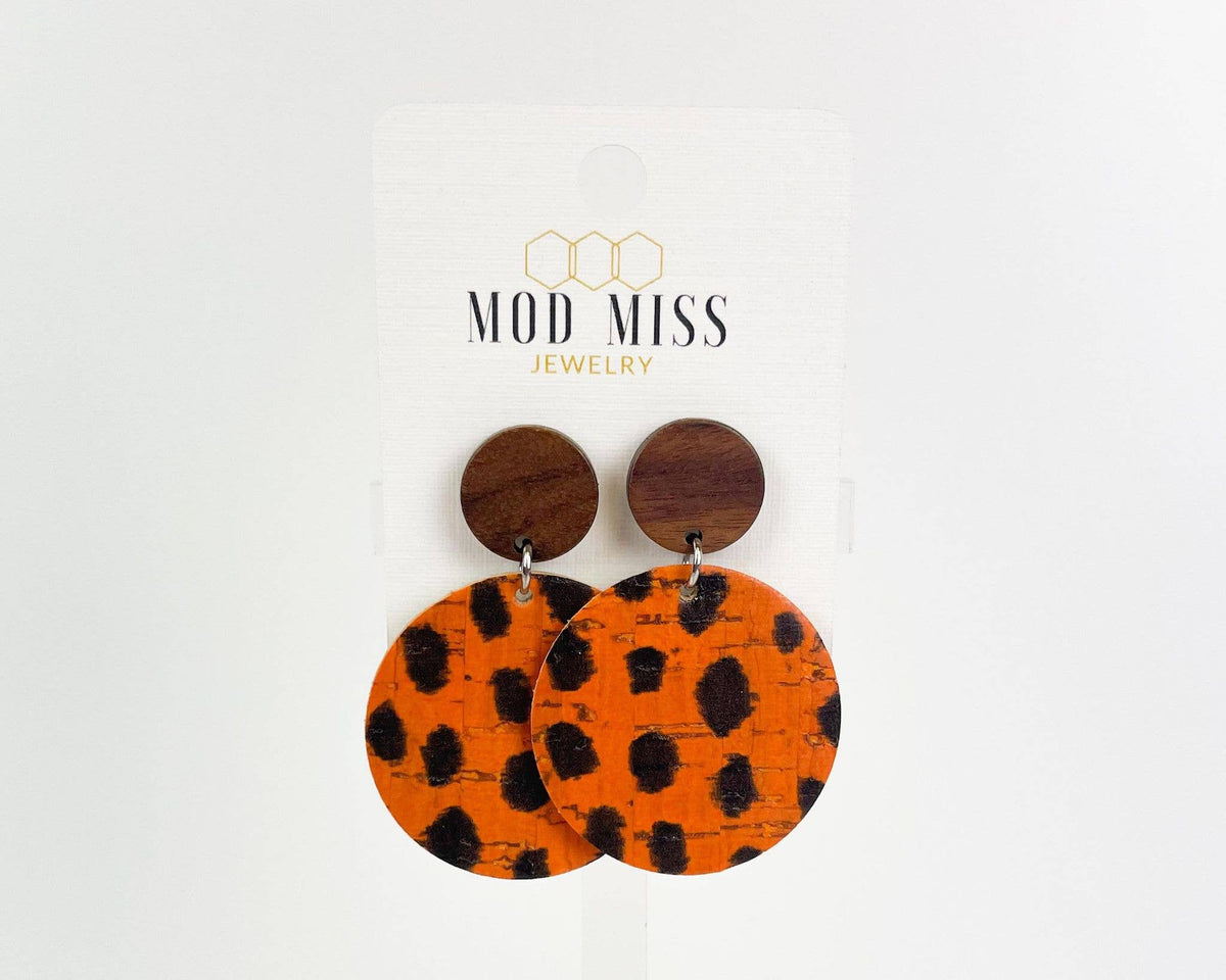 Cork+Leather Round Earring in Leopard Halloween with Wood Stud-Lemons and Limes Boutique