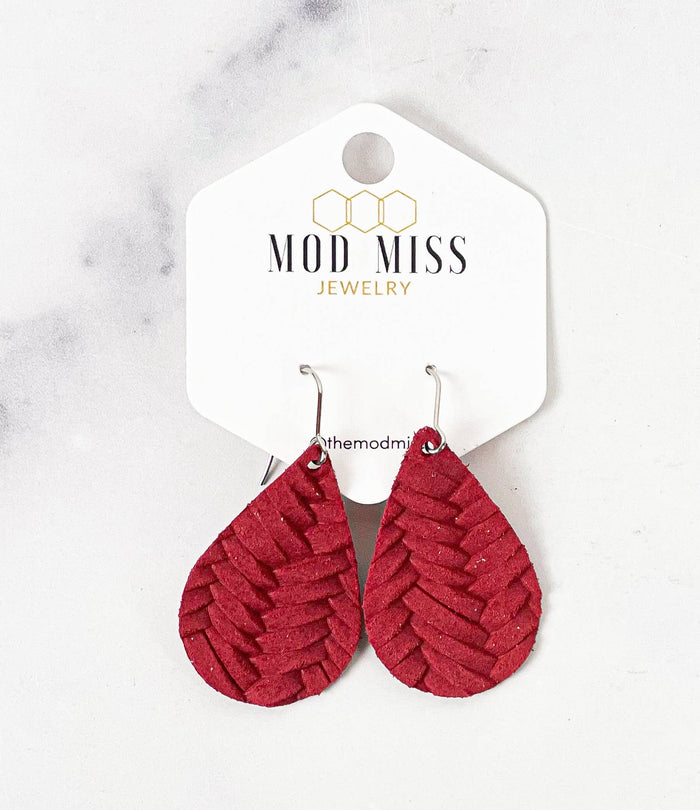 Leather Teardrop Earring in Weaved Rust Red 1"-Lemons and Limes Boutique