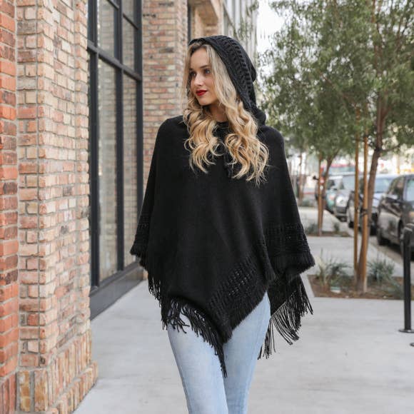Lace Up Knit Poncho with Hood in Black--Lemons and Limes Boutique