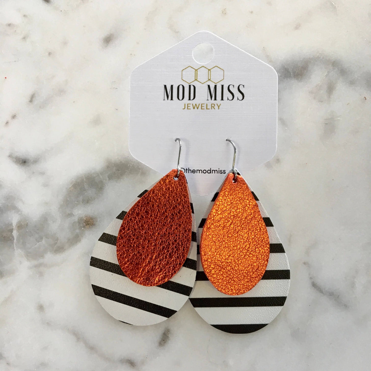 Leather Stacked Teardrop Earring in Metallic Orange and Black & White Stripes-Lemons and Limes Boutique