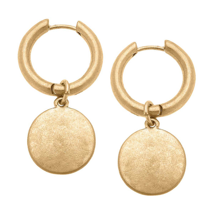 Hattie Disc Drop Hoop Earrings in Worn Gold Canvas Style-Lemons and Limes Boutique