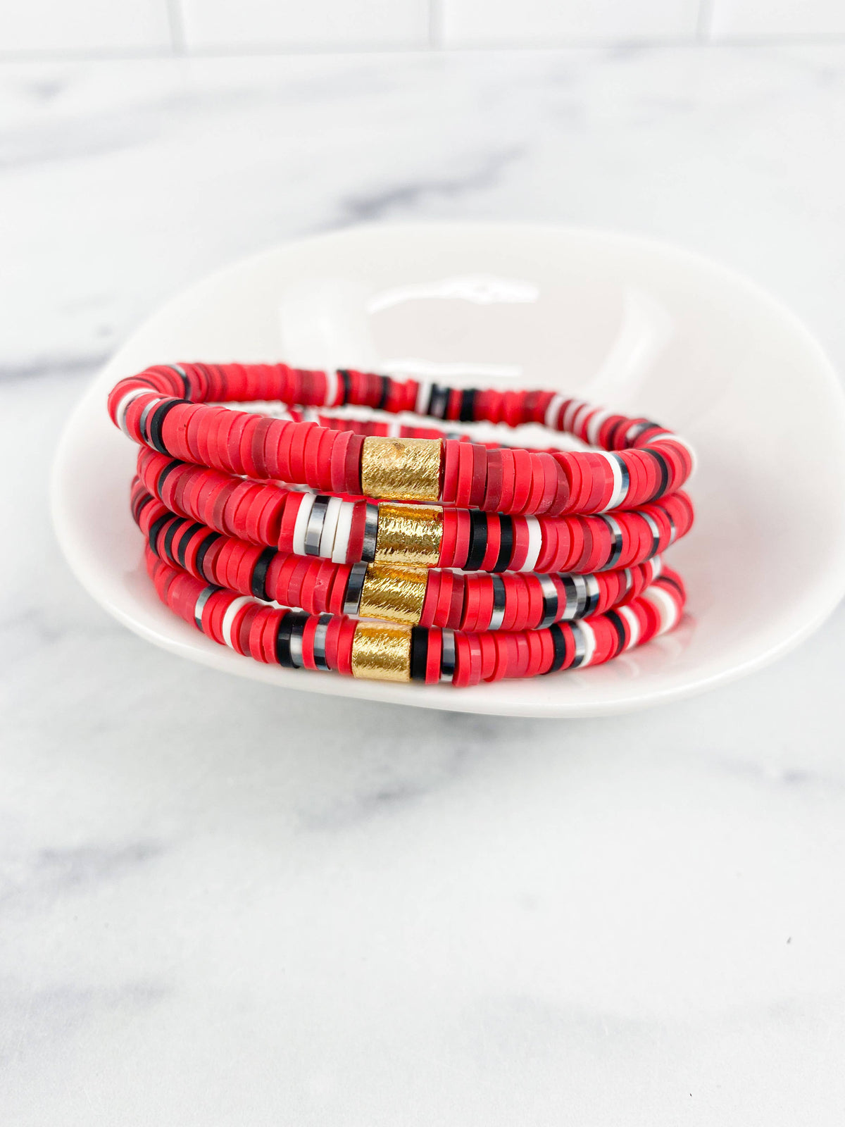 Heishi Small 6mm Color Pop Bracelet in Red and Black Mix with Gold Barrel--Lemons and Limes Boutique