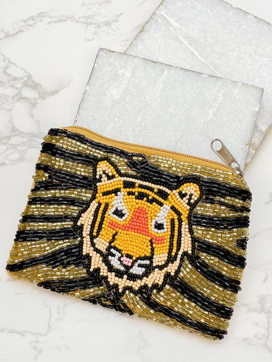 Tiger Beaded Zip Pouch - Black & Gold-Lemons and Limes Boutique