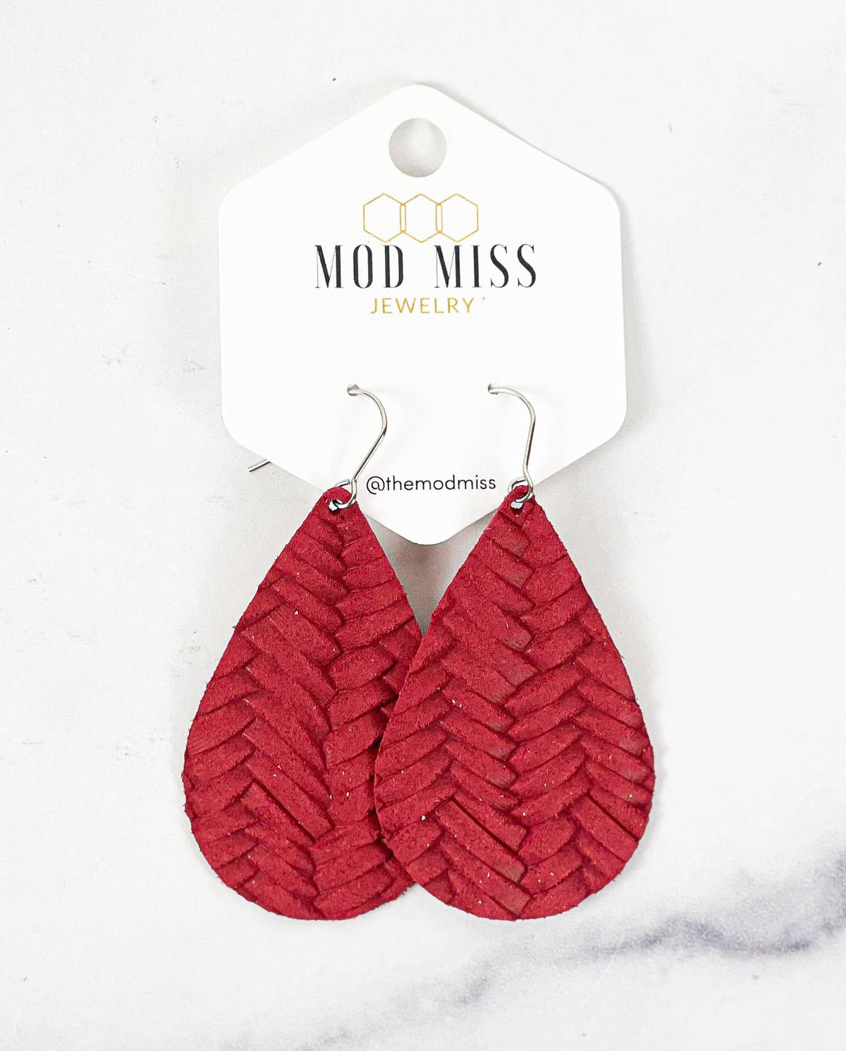 Leather Teardrop Earring in Weaved Rust Red 2"-Lemons and Limes Boutique