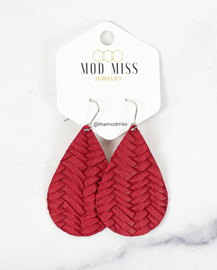 Leather Teardrop Earring in Weaved Rust Red 2"-Lemons and Limes Boutique