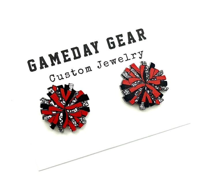 Cheer Pom Stud Earrings in Red/Black/Silver Glitter--Lemons and Limes Boutique