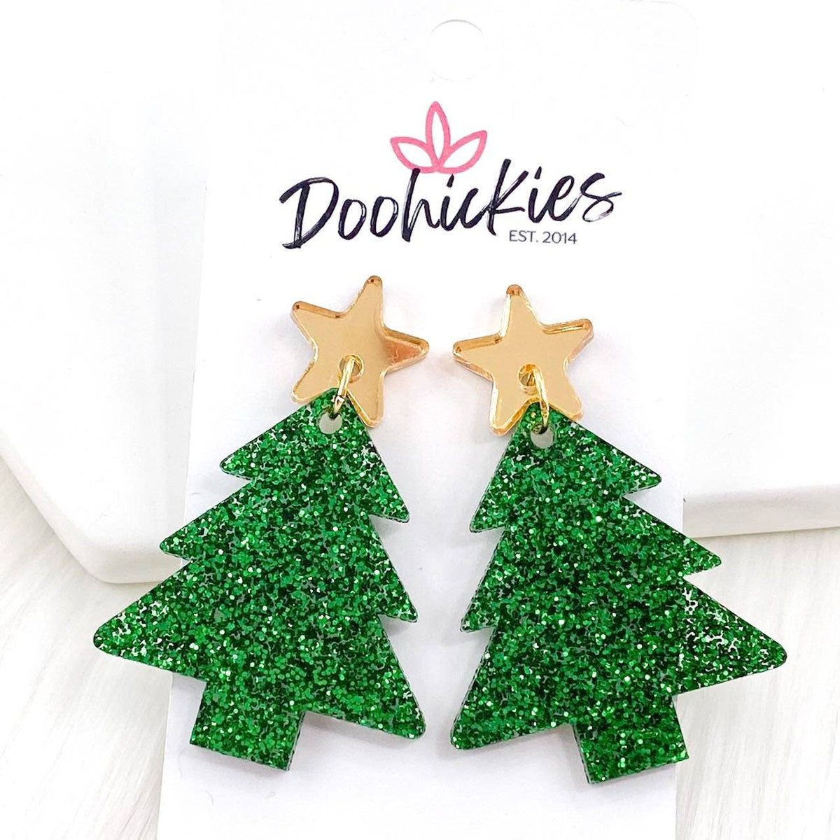 2" Gold Star & Evergreen Glitter Tree Dangle Earrings-Lemons and Limes Boutique