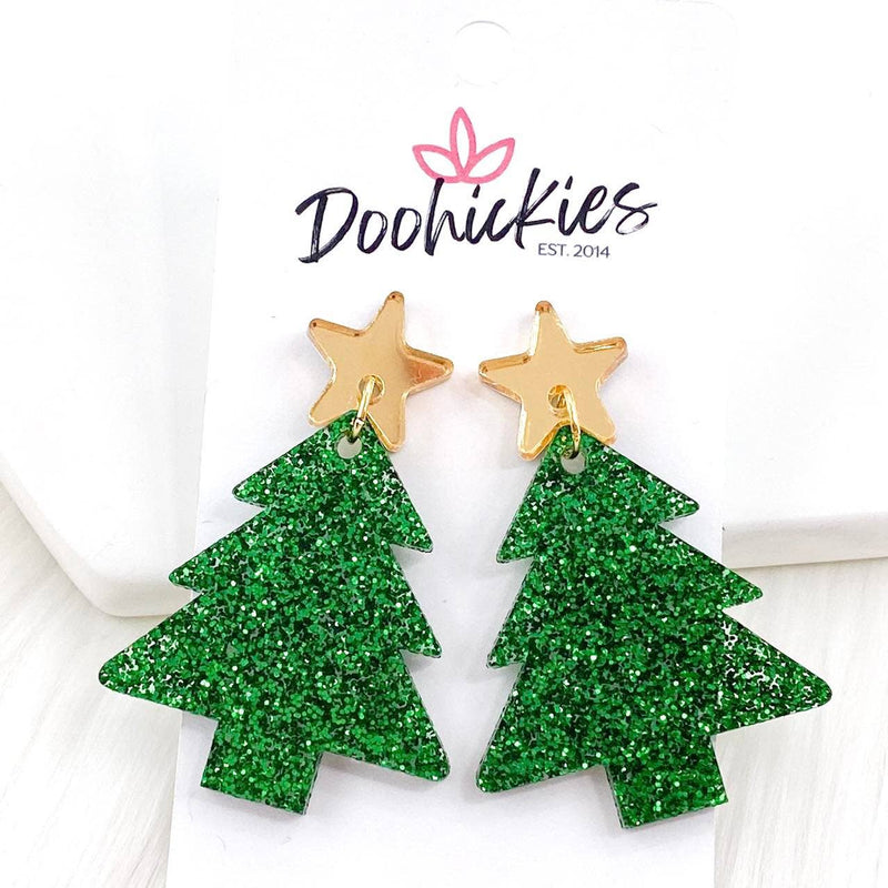2" Gold Star & Evergreen Glitter Tree Dangle Earrings-Lemons and Limes Boutique