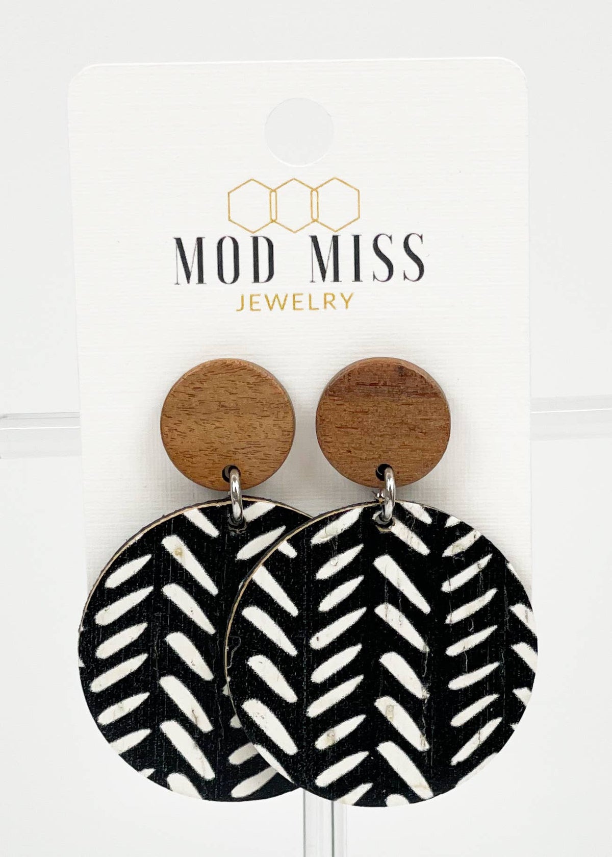 Tribal Round Cork and Leather Earrings in Black and White--Lemons and Limes Boutique