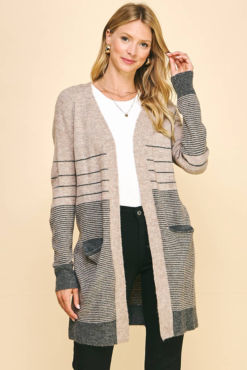 Color Block Stripe Open Cardigan in Oatmeal/Heather--Lemons and Limes Boutique