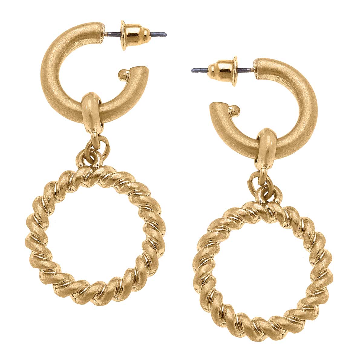 Tatum Twisted Metal Drop Hoop Earrings in Worn Gold Canvas Style--Lemons and Limes Boutique