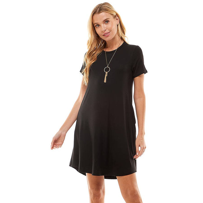 Crew Neck Short Sleeve Pockets Mini Dress in Black--Lemons and Limes Boutique