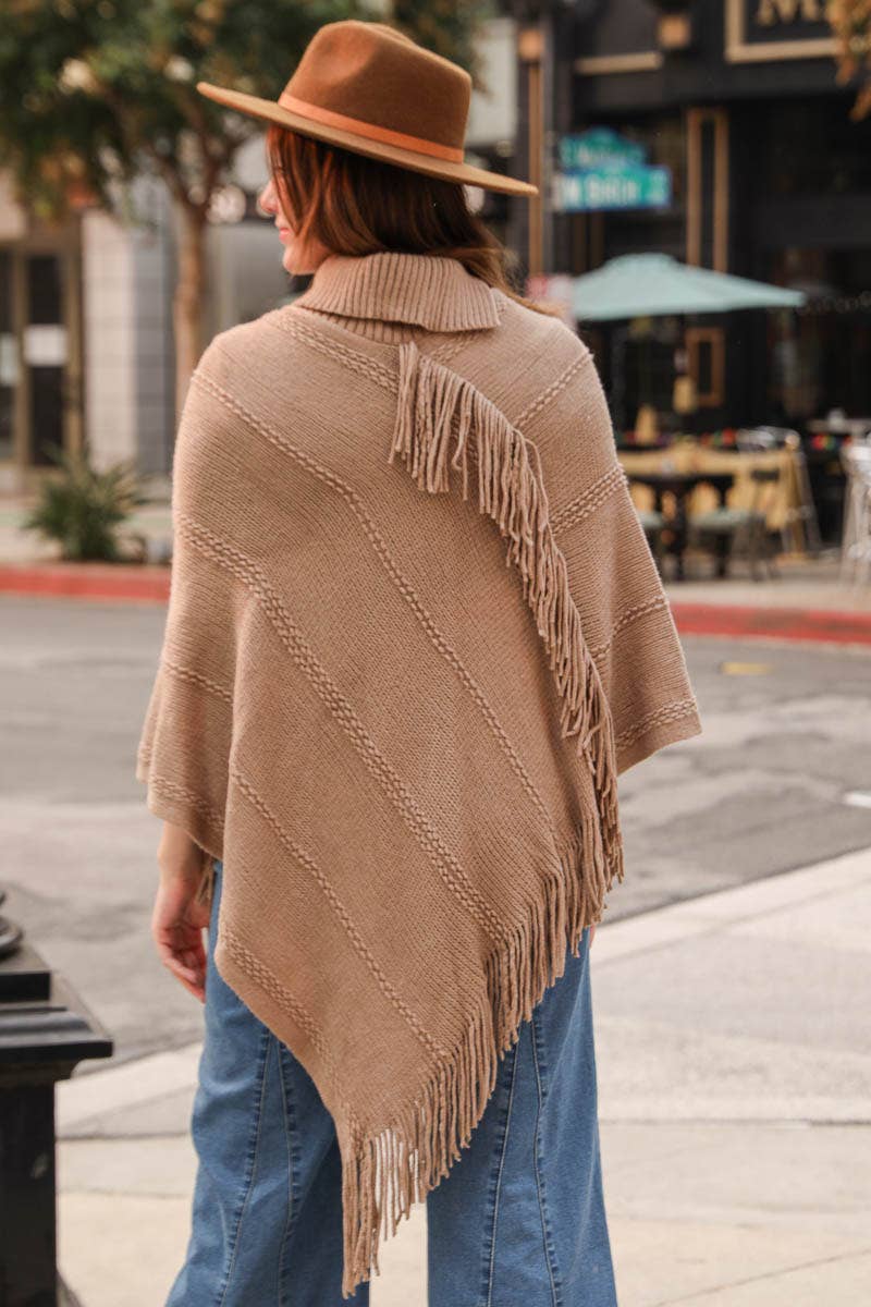 Button Neck Fringe Poncho in Mocha--Lemons and Limes Boutique
