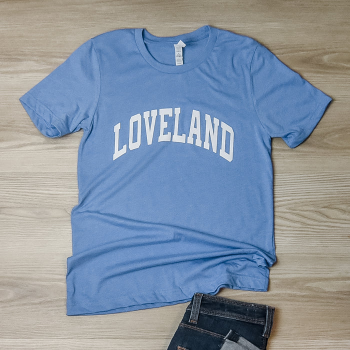 Loveland Curved Block Classic Tee on Columbia Blue-Lemons and Limes Boutique