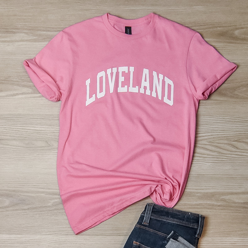 Loveland Curved Block Classic Tee on Pink--Lemons and Limes Boutique