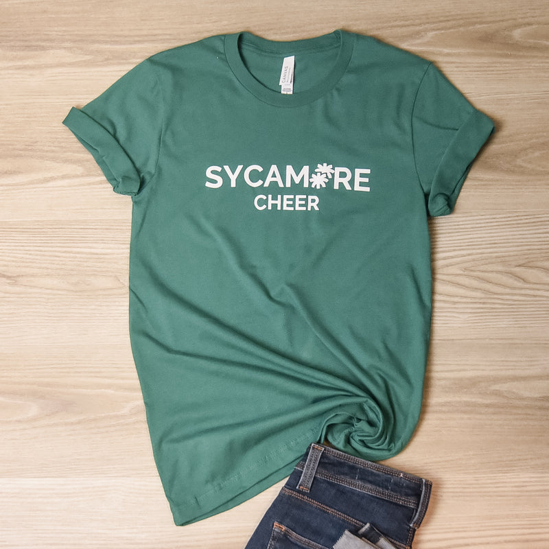 Sycamore Cheer T-Shirt on Heather Grass Green--Lemons and Limes Boutique