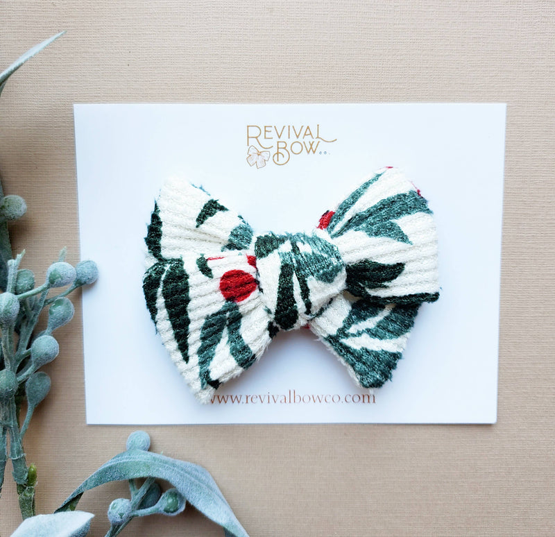 Christmas Bow on Clip in Soft Holly Waffle--Lemons and Limes Boutique