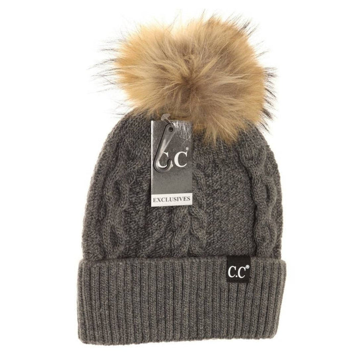 Black Label Special Edition Ribbed Cuff Fur Hat in Dark Grey by C.C. Beanie--Lemons and Limes Boutique