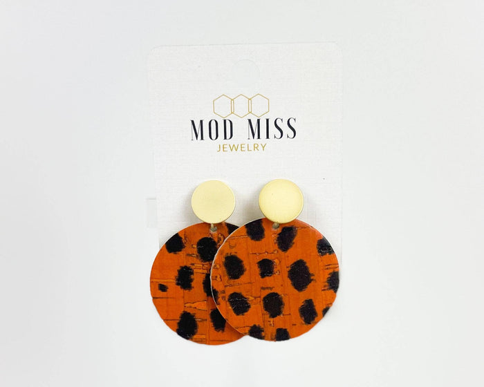 Cork+Leather Round Earring in Leopard Halloween with Gold Stud-Lemons and Limes Boutique