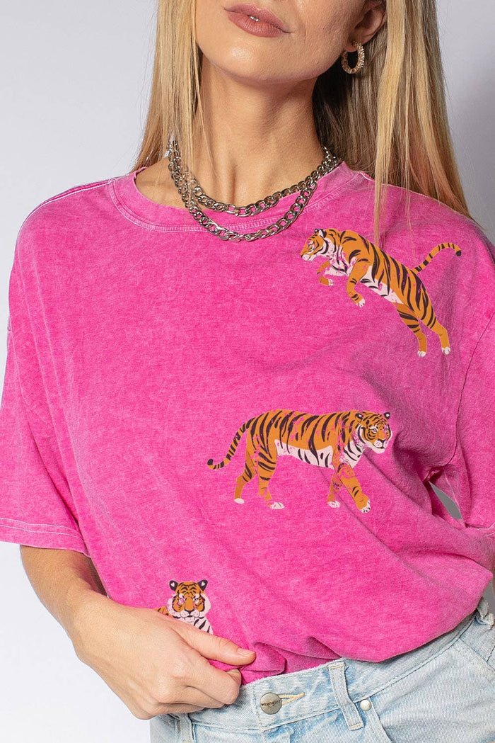 Women's Mineral Washed Tigers Graphic Tee in Hot Pink--Lemons and Limes Boutique