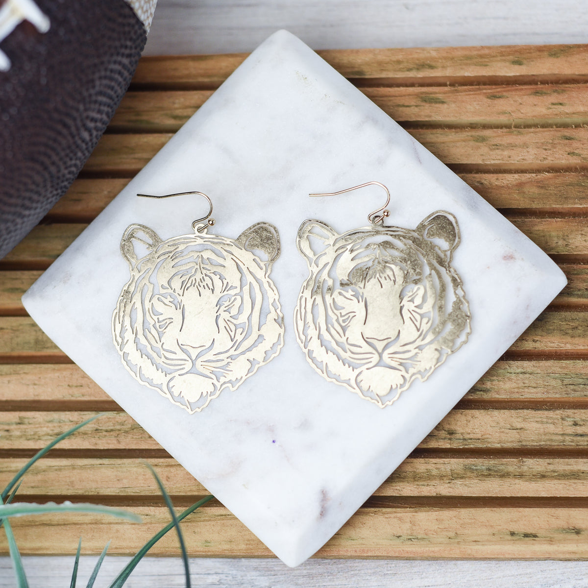 NEW! Laser Cut Bengal Tiger Face Dangles in Matte Gold--Lemons and Limes Boutique
