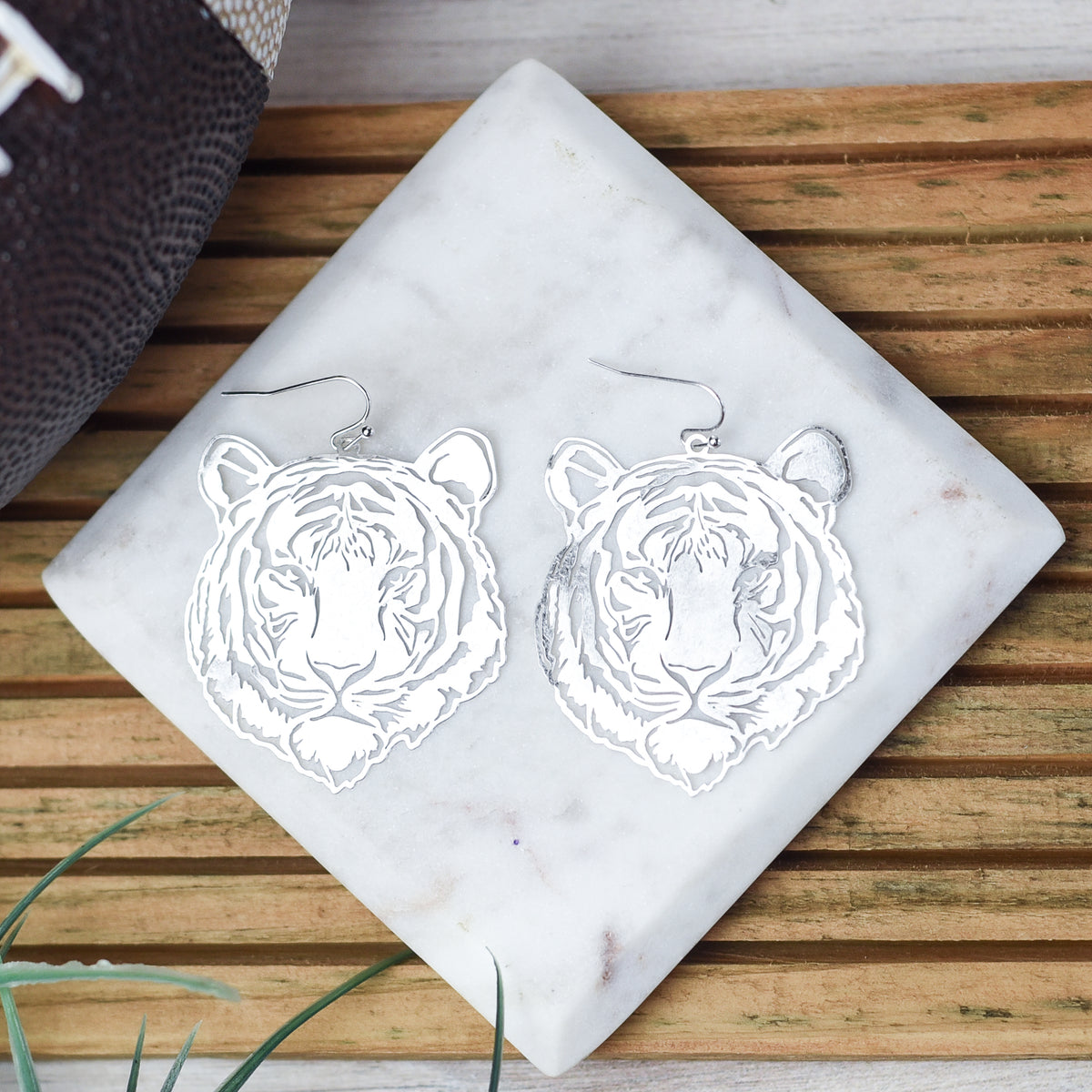 NEW! Laser Cut Bengal Tiger Face Dangles in Matte Silver--Lemons and Limes Boutique
