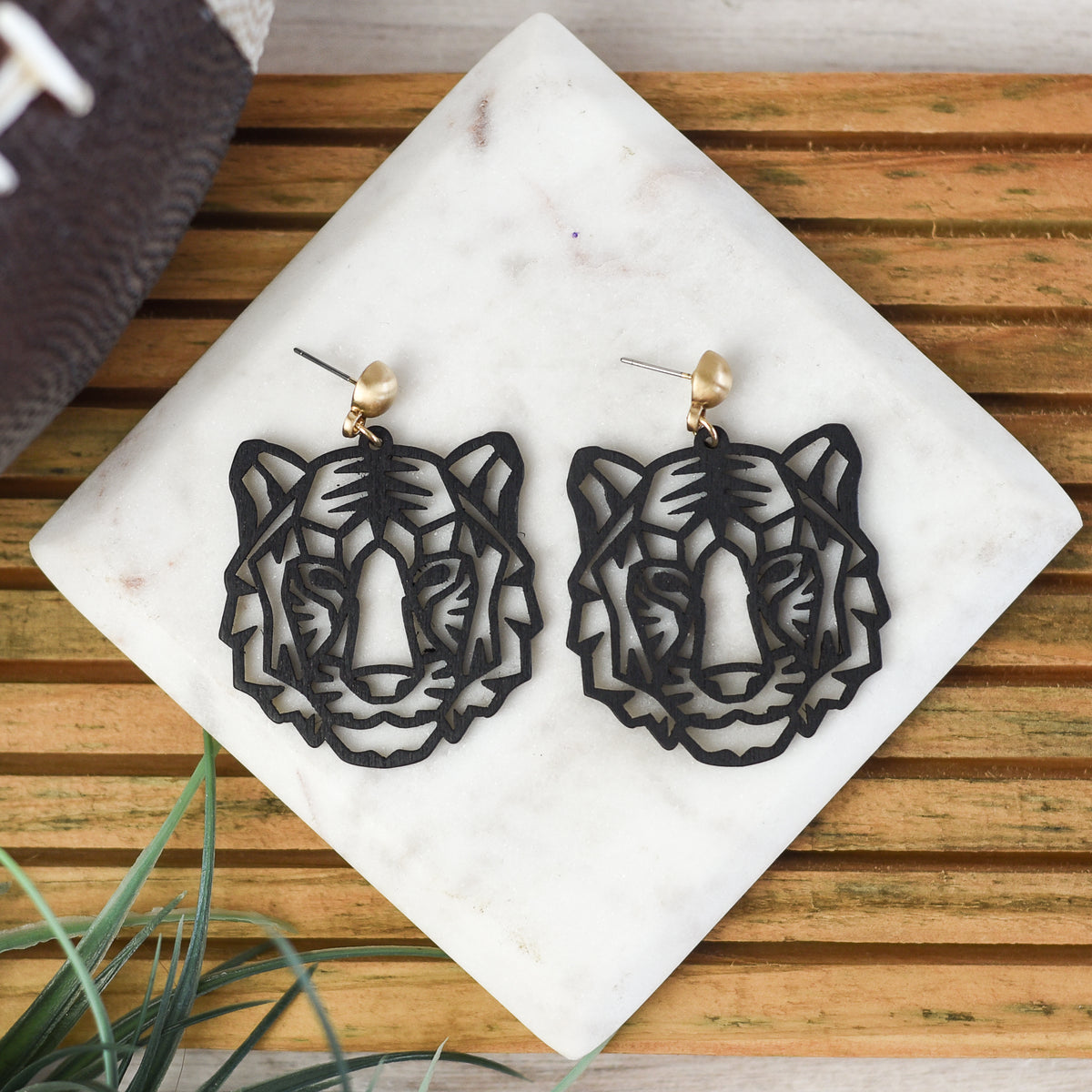 Wood Bengal Tiger Face Dangles-Black-Lemons and Limes Boutique