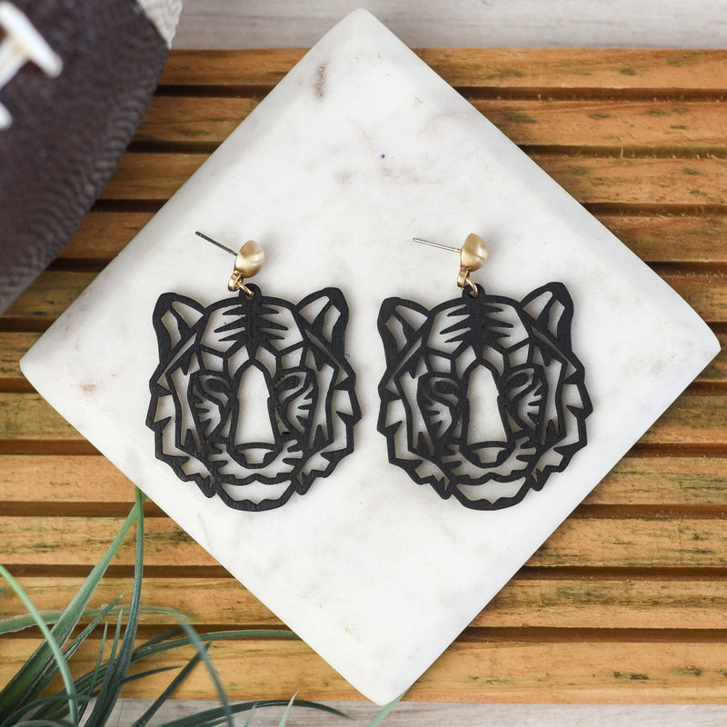 Wood Bengal Tiger Face Dangles-Black-Lemons and Limes Boutique