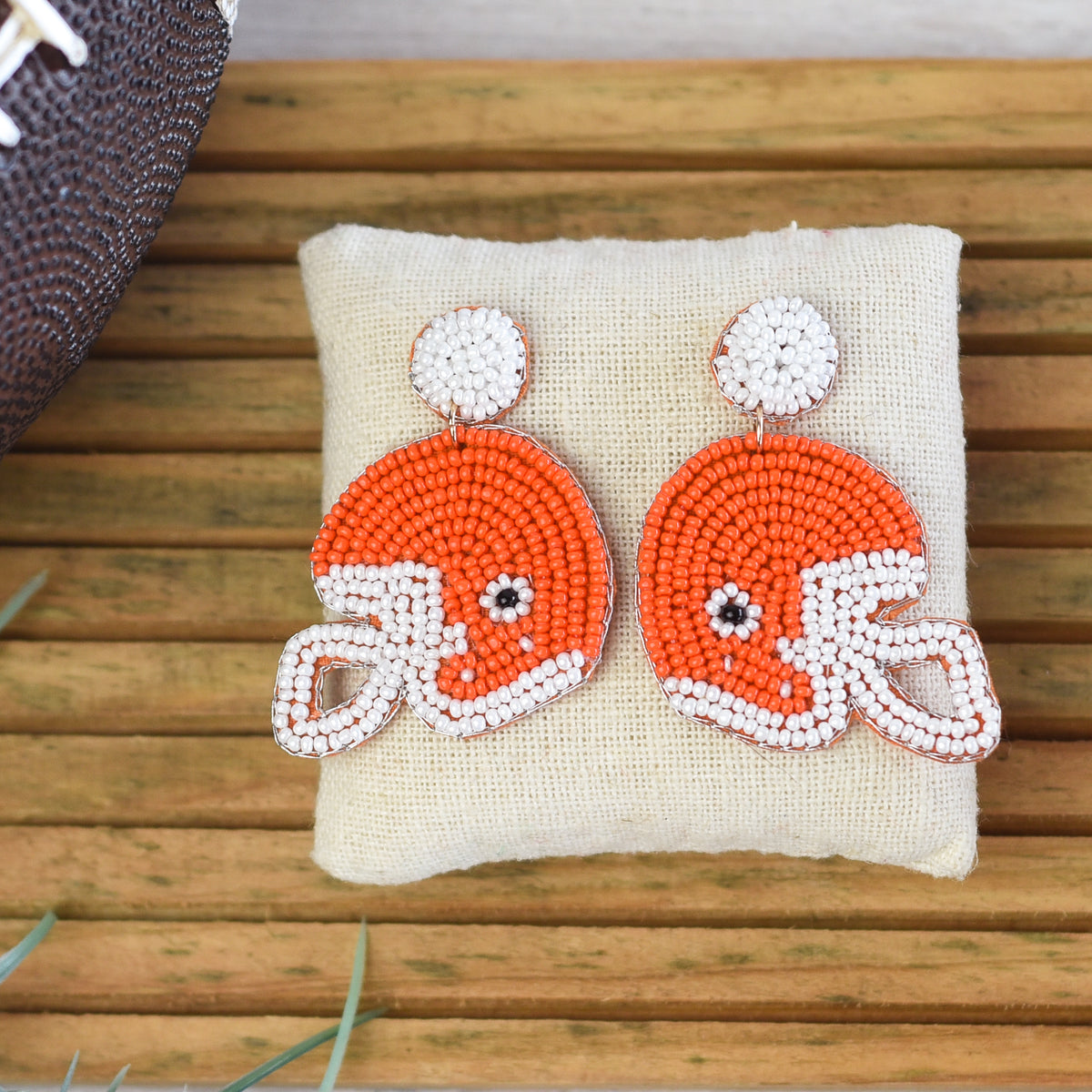 Orange Beaded Football Helmet Dangle Earrings--Lemons and Limes Boutique