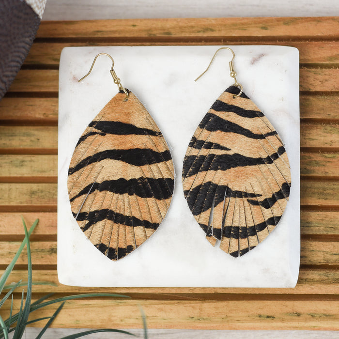 Bengal Tiger Stripe Feathered Leather Dangles--Lemons and Limes Boutique