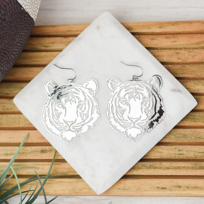 NEW! Laser Cut Bengal Tiger Face Dangles in Silver--Lemons and Limes Boutique